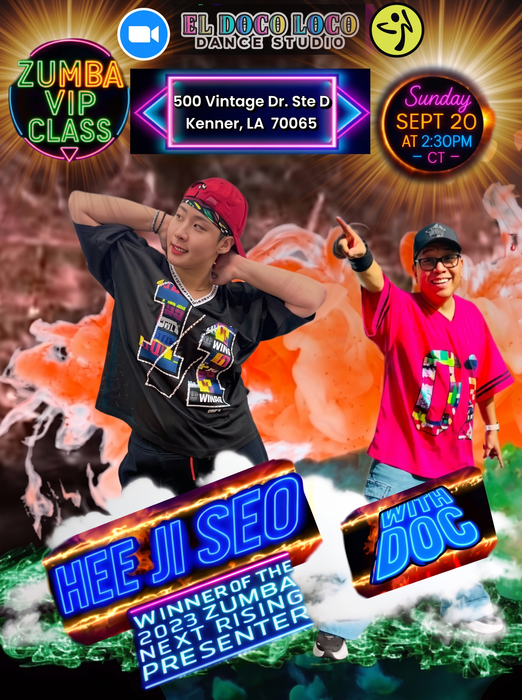 Zumba VIP Class flyer: Hee Ji Seo with Doc, Sunday September 20 at 2:30pm CT, 500 Vintage Dr. Ste D, Kenner LA