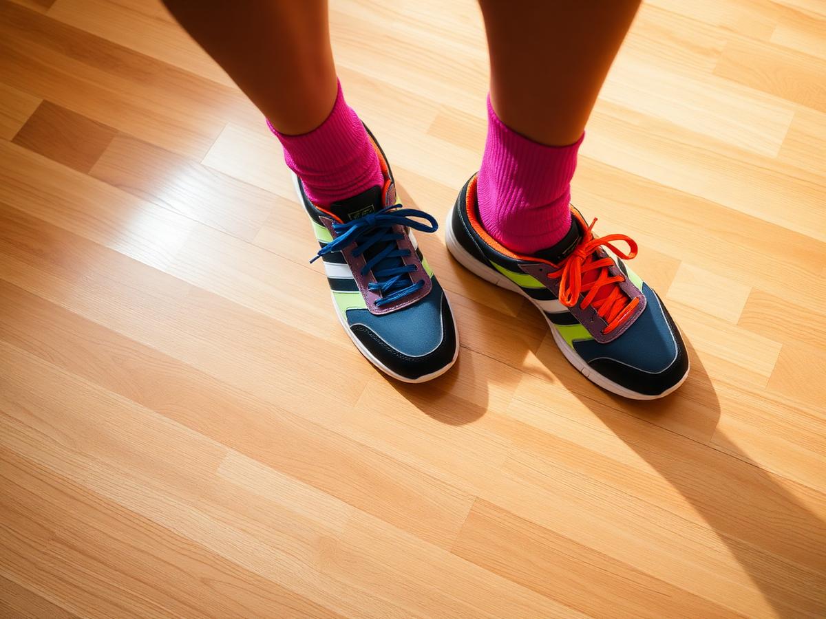Bright dance sneakers with hot-pink socks on a polished wood studio floor